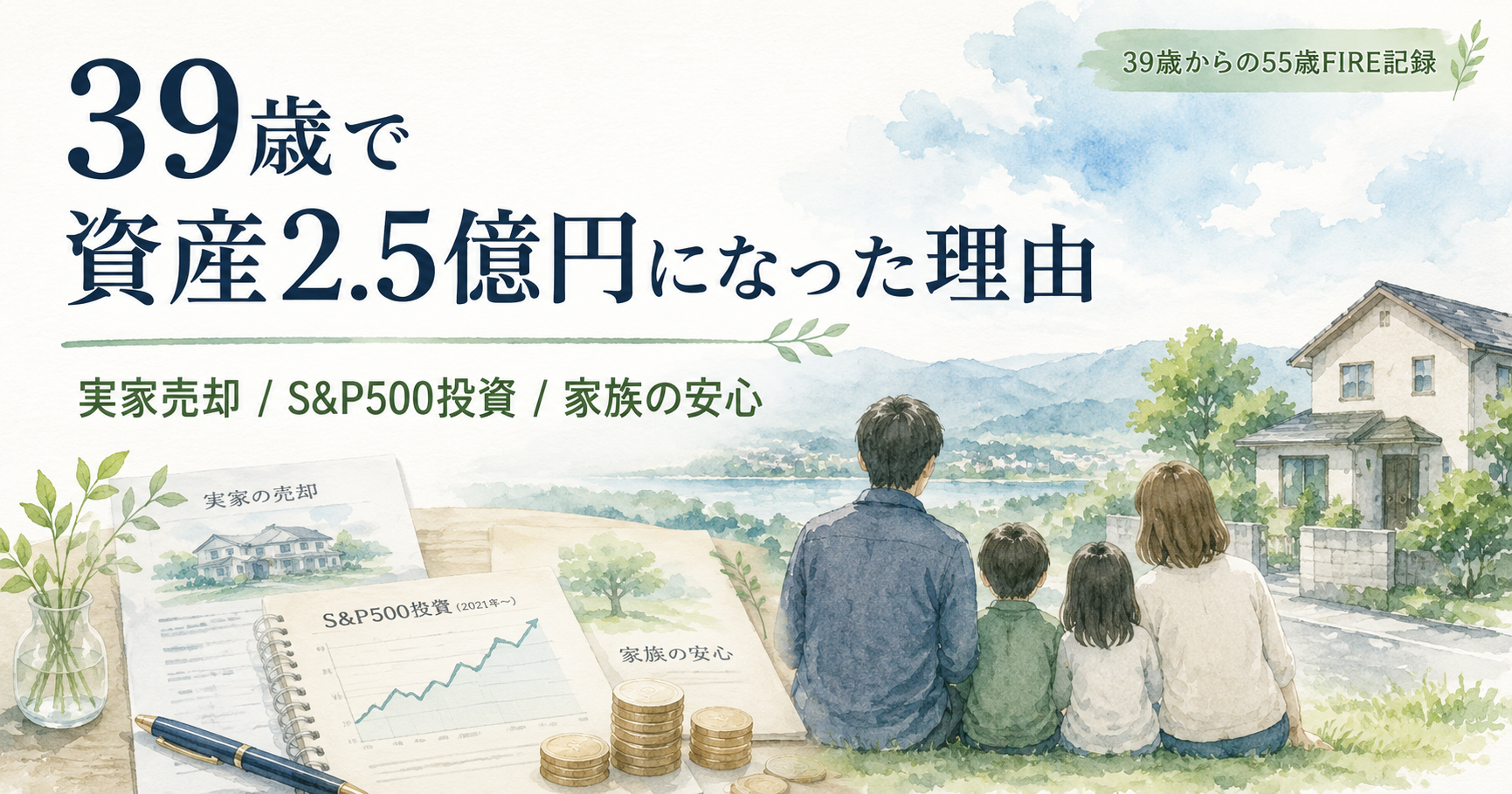 39歳で資産2.5億円になった背景を、実家売却後の資金とS&P500投資、家族の安心という視点で整理する記事のアイキャッチ画像